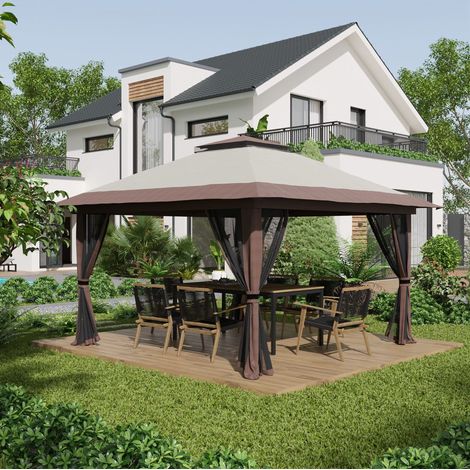Tonnelle pliante 4x4 m de jardin réglable en hauteur avec protection UV50+, double toit, rideaux moustiquaires et sac à roulettes beige  CHICFURN (1/5)