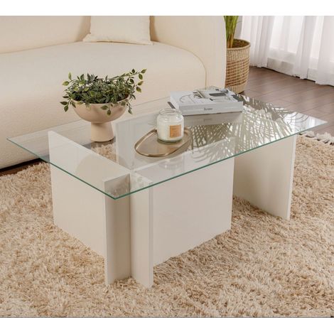 Rechteckig modern Couchtisch Vetroni Weiße Holzoptik - Glas -