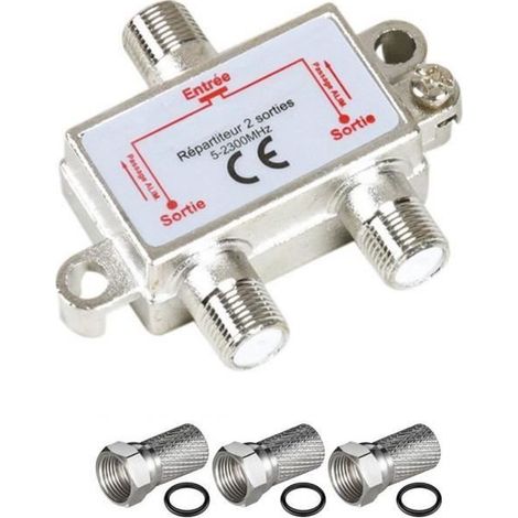 HDSAT Pack REPARTITEUR ANTENNE TV ou Sat 1 Entree 2 Sorties 5-2300 MHz + 3 Fiches F Argent