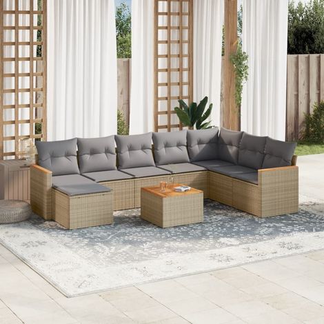 9-tlg. Garten-Sofagarnitur mit Kissen Beige Poly Rattan (1/3)