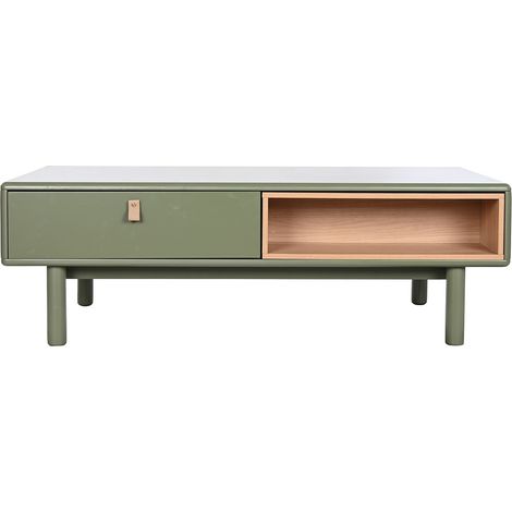 Table basse, table de salon rectangulaire avec 2 tiroirs en bois naturel et PU vert - longueur 120 x profondeur 60 x Hauteur 40 cm (1/5)