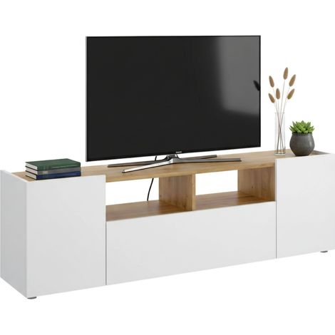 Dmora - Mobile porta TV Etna, Credenza bassa da soggiorno, Madia da salotto per televisione, 142x35h44 cm, Bianco e Rovere Nodi, con imballo rinforzato
