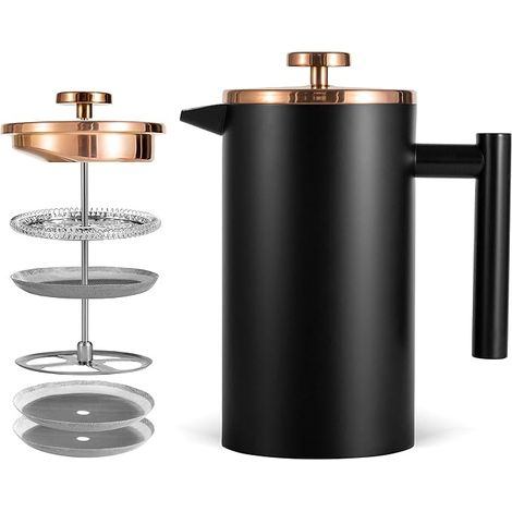 French Press Coffee Maker 0.35L Small Double Wall Stainless Steel Coffee Maker with 2 Extra Sieves, Black/Gold 350ml (2 Cups) (1/5)