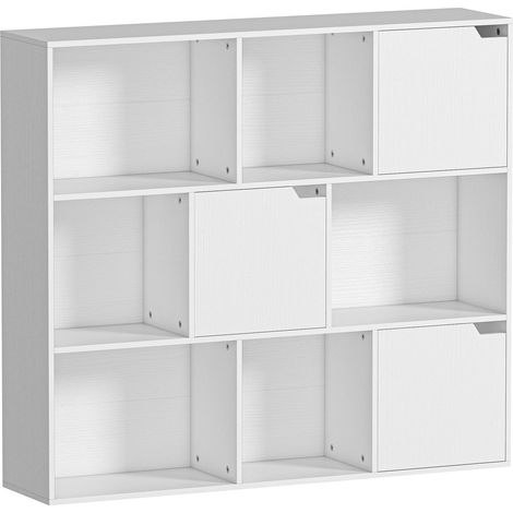 Bücherregal mit 9 Fächern, 3 Türen, 6 offenen Regalböden, Weiß