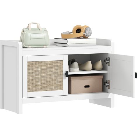 Banquette à chaussures avec portes d’entrée en rotin Étagère amovible pour l’entrée ou la chambre 80 x 35 x 52 cm Blanc et beige