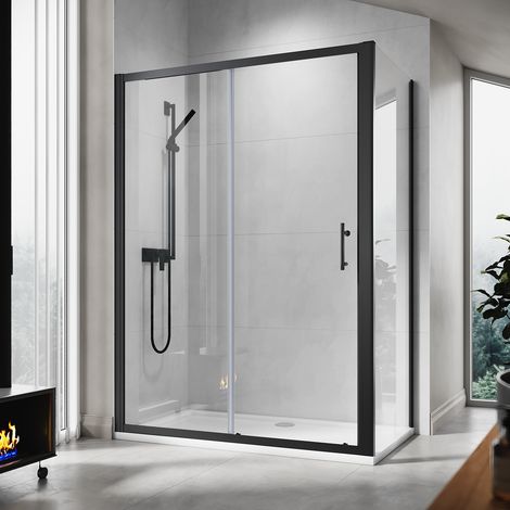 ELEGANT 1400mm Black Frame Sliding Shower Door Enclosure with 900mm Side Glass Panel 6mm Tempered Glass with 1400x900mm Shower Tray, Waste Trap, Riser Kit (1/5)