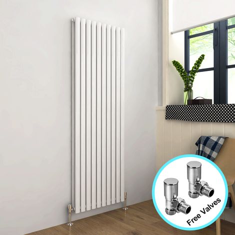 ELEGANT 1800 x 590 mm White Vertical Column Radiator Double Oval Panel Designer Bathroom Radiator + Angled Radiator Valves (1/5)