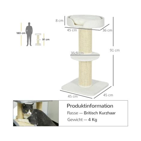 Arbre à chat 91 cm avec couchage intégré, plateforme en laine d'agneau crème, griffoir et jouet – pour intérieur (1/4)