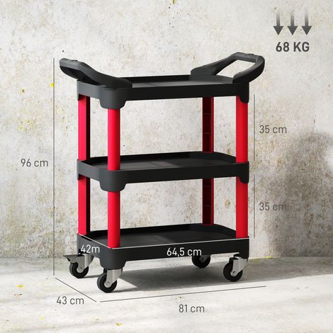 Chariot à outils à 3 niveaux, poignées latérales, roulettes, plastique, noir (1/5)
