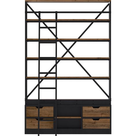 Bibliothèque 160 cm en bois et métal avec échelle, 4 tiroirs - KASI (1/5)