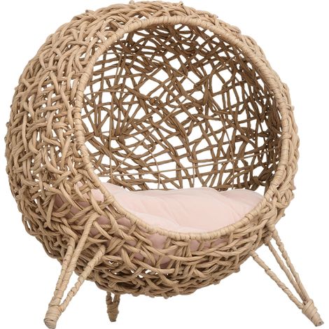 PawHut Rattan Elevated Cat Bed House Kitten Basket Ball-Shaped Pet Furniture Natural