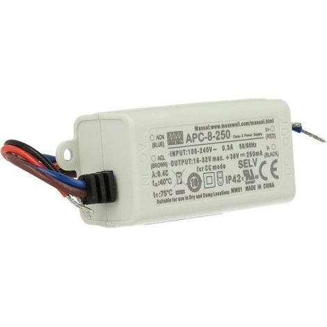 Led Driver CC MW MEAN WELL APC-8-250 Trasformatore 250mA 16V-32V DC 8W Corrente Costante IP42 (1/4)