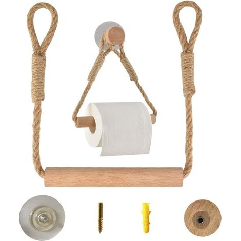 Porte Papier Toilette Auto-adhésif, Porte Rouleau Papier WC sans Percage, Support de Rouleau de Serviette Toilette Corde en Bois Anneau De Serviette Rustic, Salle de Bain Accessoires (1/5)