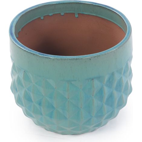 Set de 3 macetas de cerámica esmaltada turquesa con relieve de rombos y orificios de drenaje (1/5)