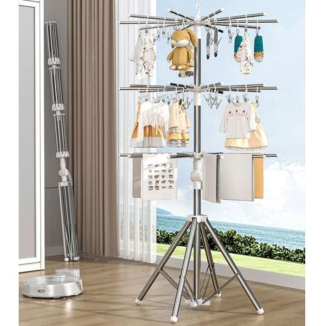 Étendoir à linge pliable, portant en métal avec pinces coupe-vent pour une utilisation intérieure et extérieure, 3 niveaux robustes pour balcon, buanderie, séchoir. (1/4)
