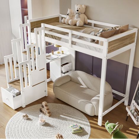 Cama alta infantil 90x200 cm de madera blanca/natural con escritorio, sin colchón – MEUBLIV (1/5)