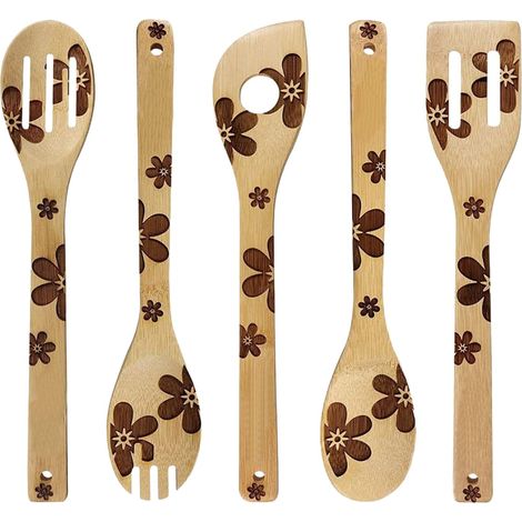 Cuillère En Bois - Écumoire À Fentes - Fourchette Ronde - Spatule À Fentes - Cuillère D’Angle - Lot De 5 Ustensiles De Cuisine En Bois Certifié FSC (1/5)