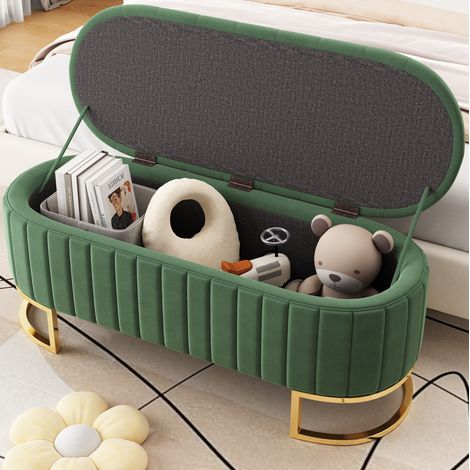 Panca contenitore imbottita in velluto verde 120 x 39,9 x 43 cm, piedini in metallo (1/5)