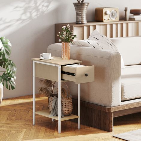 Table d'appoint étroite avec tiroir, étagère ouverte et structure métallique pour salon/chambre, 25 x 39,8 x 58,2 cm, couleur naturelle