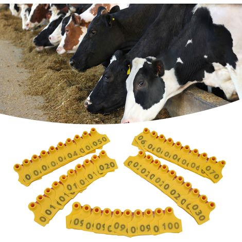 Cromos auriculares de TPU para ganado vacuno y porcino, numerados del 001 al 100 – 100 unidades amarillas – Suministros agrícolas (1/5)
