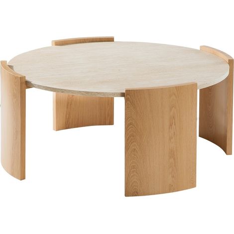 CALICOSY - Table basse ronde plateau effet travertin et pieds effet bois D80 cm - IZIA (1/5)