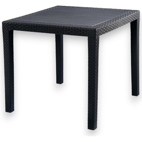 Tavolo quadrato da esterno 80x80xH72 cm in resina antracite con bordatura effetto rattan per locali e ristoranti (1/5)