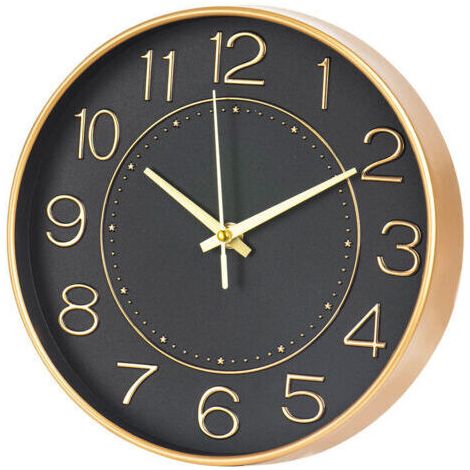 FENOPLASTICAHorloge murale sans fil pour enfants avec télécommande - Silencieuse, 25 cm, réglage automatique de l'heure, design élégant noir et or (1/5)