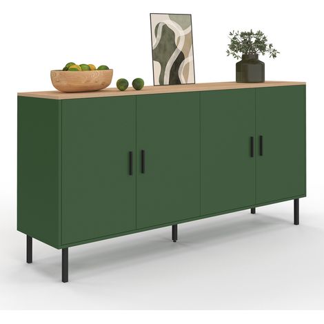 Anrichte 160 cm KELIA 4 Türen khakigrün und Holzplatte