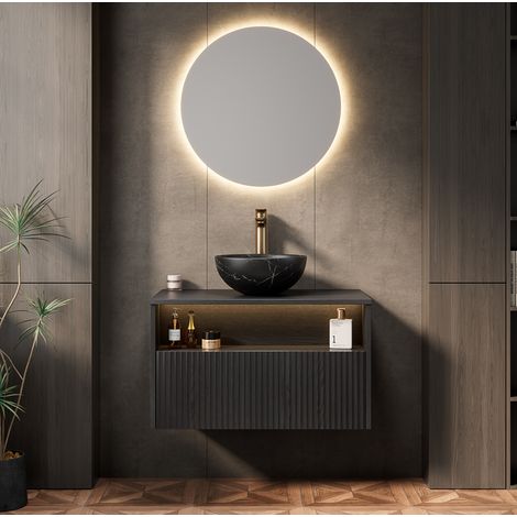 Mueble de baño suspendido con lavabo (80x46x60.8 cm), luz LED con sensor, cierre suave, cerámica, negro (1/5)