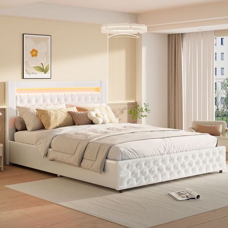Polsterbett 140 x 200 cm, Kunstleder, Diamant-Kopfteil, Doppelbett mit LED-Beleuchtung, Metallgestell, Lattenrost, Doppelbett, Jugendbett – Weiß (1/5)