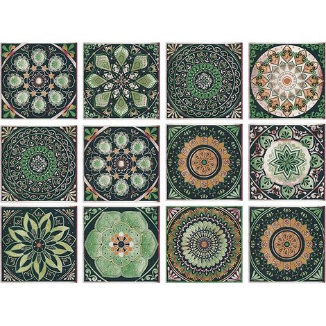Sticker carrelé vert résistant aux éclaboussures, 15 cm x 15 cm, motif mandala, pour la décoration des cuisines et des salles de bains(24 pièces). (1/5)
