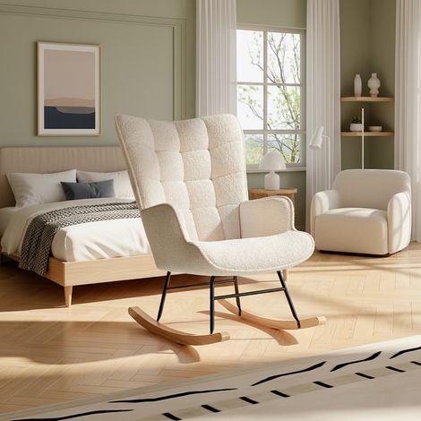 Fauteuil à bascule - dossier rembourré peluche douce, 75x68x92 cm, Motif à carreaux, structure métal et pieds bois massif , nordique - Beige (1/5)