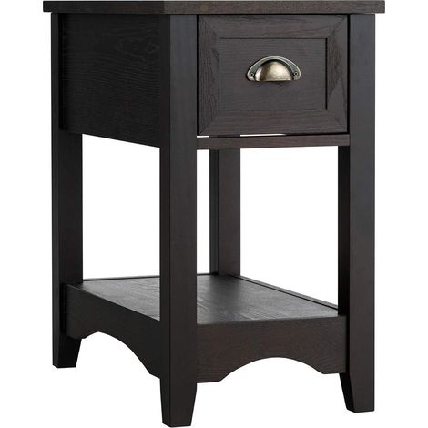 COSTWAY Beistelltisch mit Schublade und Ablage, 2-stöckiger Sofatisch, schmaler Nachttisch, Kaffeetisch für Wohnzimmer, Schlafzimmer, 56 x 33 x 58,5 cm (Walnuss) (1/5)