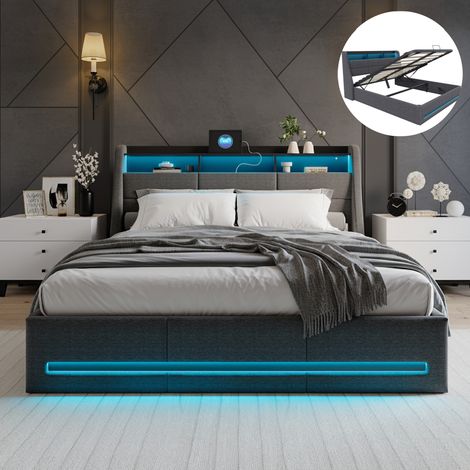 Dans Les Nuages – Lit coffre double 140x190 cm – Éclairage LED réglable – Tête de lit avec rangement – Système de levage hydraulique – Charge USB – Lin gris (1/5)