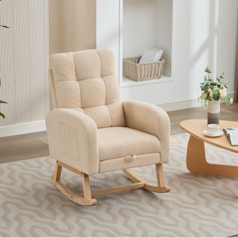 Fauteuil à bascule 132x50x99 cm beige, dossier haut, tissu bouclette et bois, MEUBLIV (1/5)