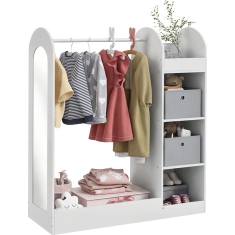 Kids Clothes Rail with Storage Shelf, Boxes, Mirror for Bedroom, Nursery, White (1/5)