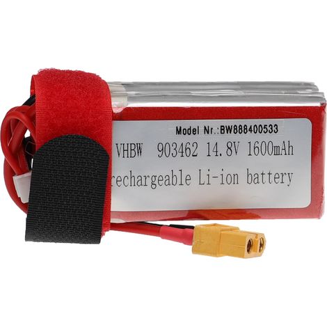 vhbw Akku kompatibel mit XT60 Stecker für Modellbau z.B. Racing Car, Helikopter, Flugzeug (1600mAh, 14,8V, Li-Polymer, 75 x 35 x 34 mm)
