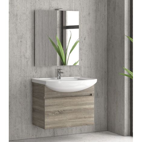 Mobile bagno sospeso 80cm con cassetto con chiusura ammortizzata, specchio filo lucido ''New Bianna'' colore Ice oak