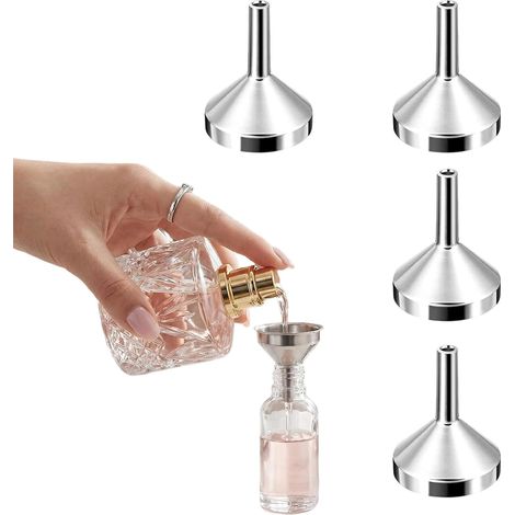 Lot de 4 mini-entonnoirs en aluminium, petits entonnoirs métalliques pour remplir des flacons d'huiles essentielles et autres petits flacons, transfert de liquides cosmétiques (argent) (1/5)