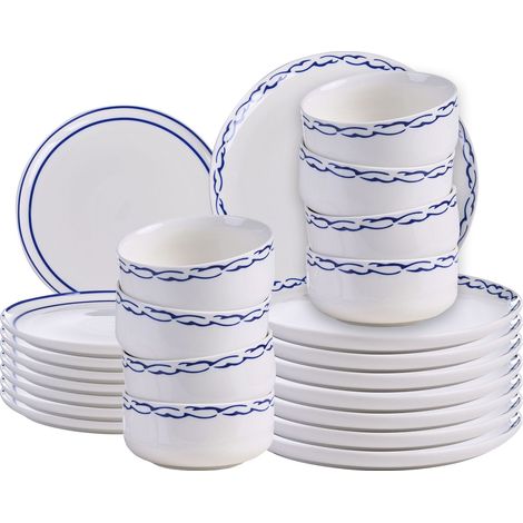 Dinnerware Set White and Blue Porcelain 24 Elements Glazed Finish Decorative Rim For 8 People Handmade Dining Room Kitchen AMCHUR (1/5)