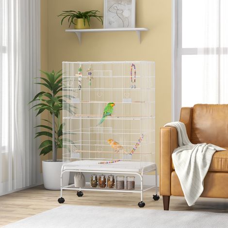 Cage à oiseaux sur pieds roulettes avec 4 mangeoires et 3 perchoirs 79 x 49 x 133 cm blanc (1/5)