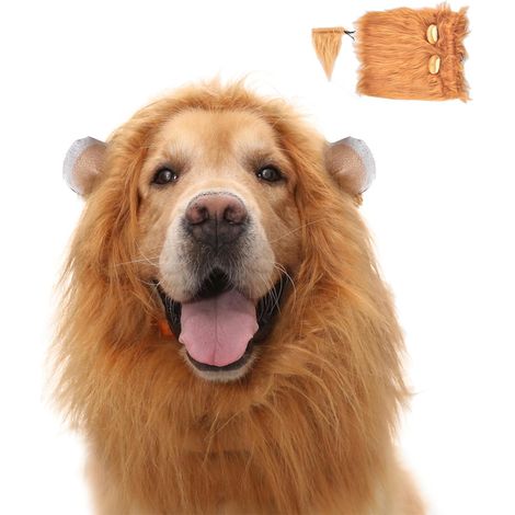 Costume pour chien avec oreilles, perruque crinière de lion ajustable, marron clair, taille L. Idéal pour Halloween, Noël et les jeux de rôle. (1/5)