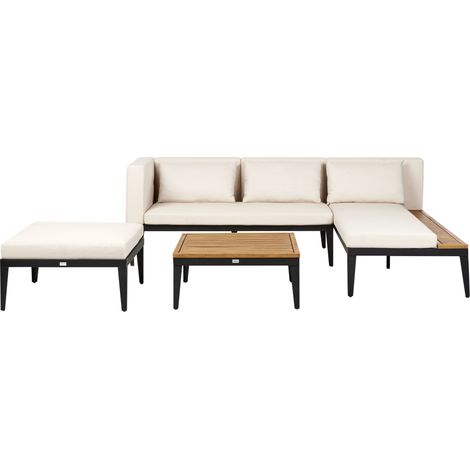 Conjunto de jardín 3 plazas de madera de acacia certificada sofá esquinero con mesa de centro y otomana cojines beige claro izquierdo Bracciano