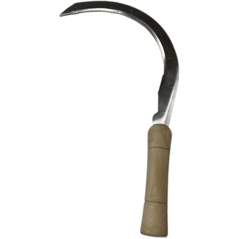 Faucheuse dentelée de 30 cm pour la tonte et le désherbage, lame en acier, manche en bois, outil agricole professionnel, argenté. (1/3)