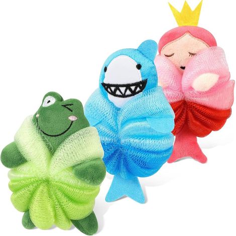 3 Pack Kids Washable Bath Puff Animal Shaped Shower Pouffe Sponges Loofah Cute Bath Flower for Body (1/5)