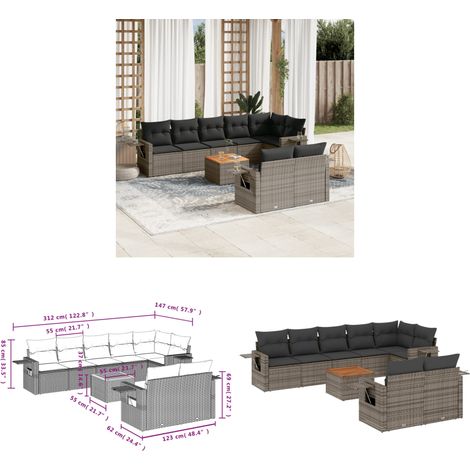 Salon de jardin 9 pcs avec coussins gris résine tressée - Ensemble Salon De Jardin - Meuble Extérieur - Résine Tressée - Rotin Synthétique - Mobilier De Jardin - Home & Living (1/3)