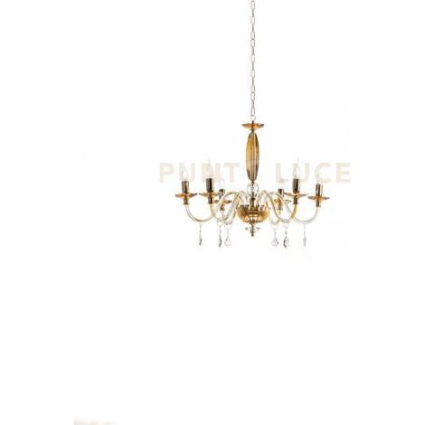 LAMPADARIO CECILIA 6 LUCI VETRO E CRISTALLO AMBRA E TRASPARENTE ATTACCO E14 D.60CM