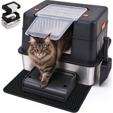 Bac à Litière pour Chat en Acier Inoxydable XXL 4 en 1 - 60 x 40 x 40 cm - avec Couvercle Amovible, Marche Anti-Litière avec Bac Récupérateur, Tapis et Pelle, Bords Hauts Anti-Éclaboussures, Étanche e