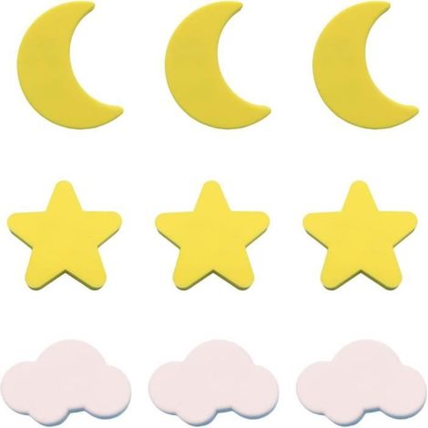 Boutons de tiroir - Enfants - 9 pcs - Étoile, Lune, Nuage - Caoutchouc souple PVC - Jaune, Blanc (1/4)