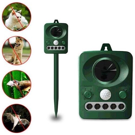 Repulsif d'oiseaux a ultrasons solaire exterieur, double charge solaire et USB, conception etanche, batterie integree, vert herbe (1/4)